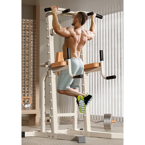Power Tower Dip Station, Multi-Function Pull Up Bar Station, Barbell Rack, Bench Press, Adjustable Height for Home Gym Strength Training and Full Body Workout(Red Black)