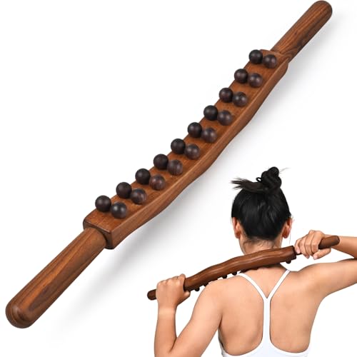 Guasha Wood Massage Stick Tools Wooden Therapy Scraping Lymphatic Drainage Massager, Double Row 20 Beads Point Treatment Gua Sha Tools, Stomach Cellulite Massager, Myofascial Release Tool
