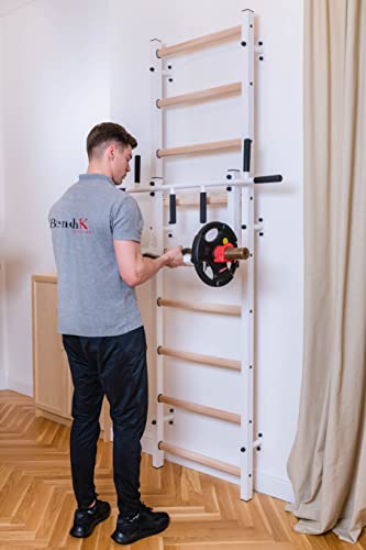 Swedish Ladder Wall Bar - Indoor Chin Up Bar Workout Equipment for Home Exercise, Physical Therapy, Gymnastics, Fitness (WallBars + Convertible Pullup Bar + Dip Bars + Bench, White)