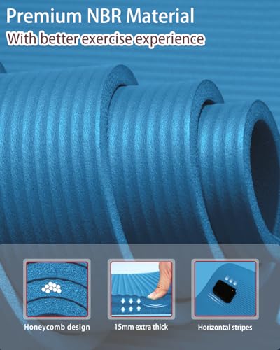 YR Large Yoga Mat for Men Thick Exercise Mat 76"x35" 15mm Foam Mat - color: Blue