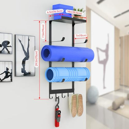 Yoga Mat Holder Wall Mount, Black Yoga Mats Storage Rack, Home Gym Storage with Metal Floating Shelf for Storing Fitness, Yoga Mat Rack with 5 Hooks for Hanging Foam Rollers and Resistance Bands