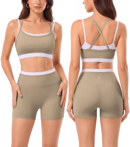 2 Pieces Workout Sets for Women,Seamless Athletic Short with Double Layer Sports Bra,Gym Matching Outfits - color: Brn023, size: Large