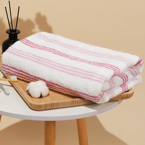 Vie Triomphe Classic Striped Cotton Bath Towel, 27.5x55 Inch Zero Twist Quick Dry Bathroom Towel, Lightweight Absorbent Pink Stripe Pattern, Hotel Quality Decorative Towel for Gym Beach Travel - color: Pink