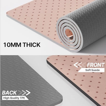ILILI Yoga Mat 10mm Thick, Suede&TPE Exercise Mat, 76"L*28"W Extra Long, 0.4 Inches Soft and Comfortable, 193*70cm Fitness Mat with Strap, Portable for Yoga, Pilates, Floor Exercise, Home and Outdoor Use, Eco Friendly