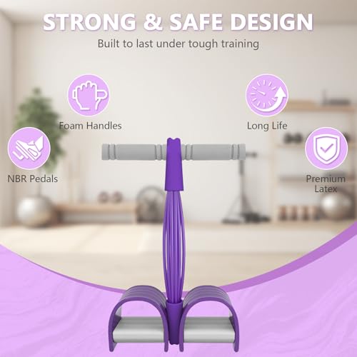 Pedal Resistance Band with Handle, 8-Tubes Multifunction Pedal Resistance Band, Natural Rubber Foot Pedal Resistance Band, Exercise Bands with Handles for Abdomen, Waist, Arm, Leg, Purple