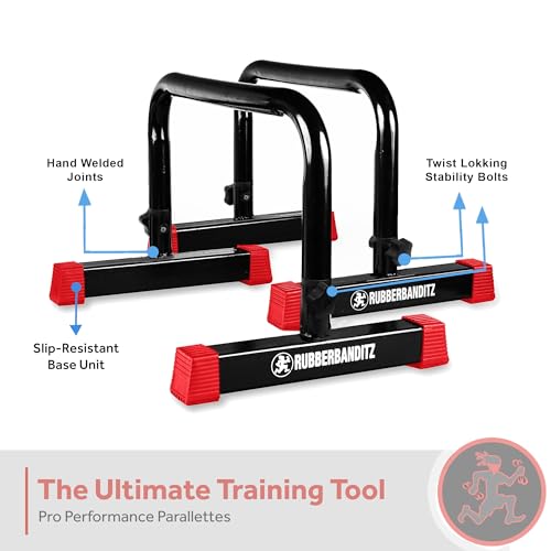 Rubberbanditz Extra Large Fitness Sand Bag & Parallettes Push Up/Dip Bars Set - Heavy Duty Workout Equipment for Crossfit, Home Workouts, Gymnastics, Conditioning, Non-Slip Stands for Bodyweight Train