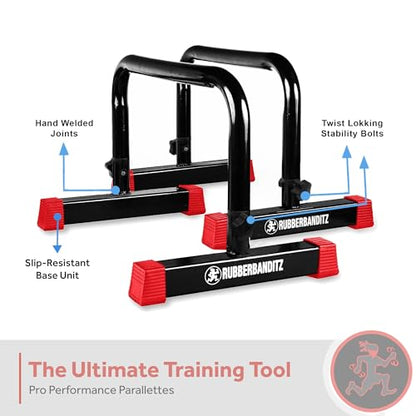 Rubberbanditz Extra Large Fitness Sand Bag & Parallettes Push Up/Dip Bars Set - Heavy Duty Workout Equipment for Crossfit, Home Workouts, Gymnastics, Conditioning, Non-Slip Stands for Bodyweight Train