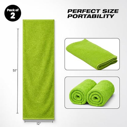 Sports Towel - Double Pack (2 Pieces), 12"x51", Lime Green, 100% Cotton - Oeko-Tex Certified, Very Absorbent and Quick-Drying, for Fitness, Gym and Yoga - color: Neon Green