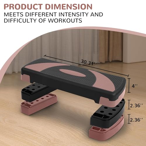 Fitvids Step Aerobic Platform, 31" Exercise Step with 3 levels Adjustable Height, 4 Stackable Risers, Fitness Training Workout Stepper for Home Gym, Cardio Strength, Black & Pink