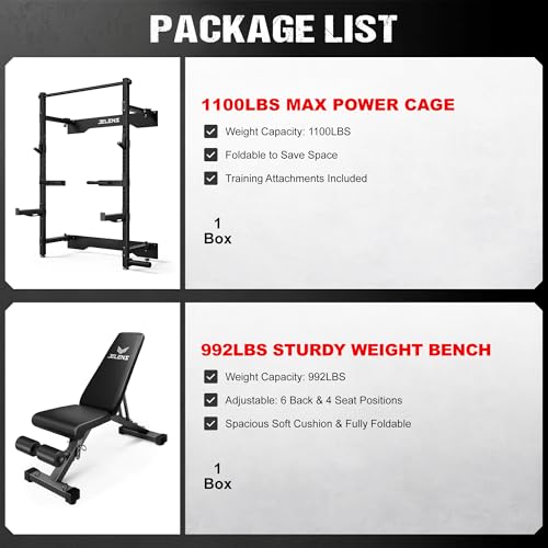 JELENS SF01 Folding Squat Rack, Wall Mounted Power Rack for Home Gym, Space Saving Multi-Functional Power Cage with More Attachments