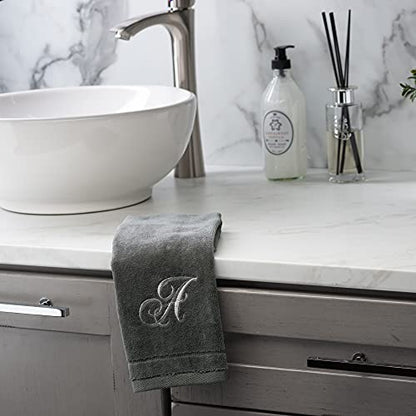 Monogrammed Towels Fingertip, Personalized Gift, 11 x 18 Inches - Set of 2- Silver Embroidered Towel - Extra Absorbent 100% Cotton- Soft Velour Finish - For Bathroom/ Kitchen/ Spa- Initial F (Gray)