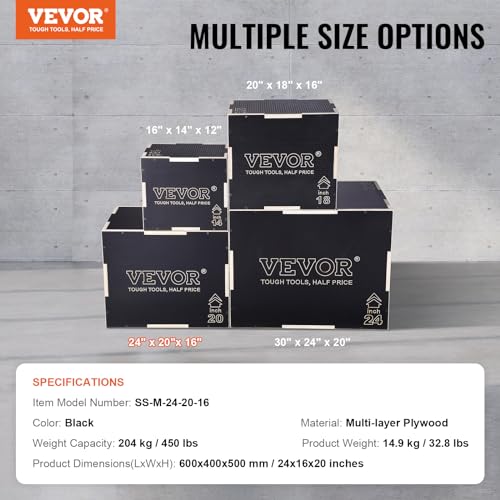 VEVOR 3 in 1 Plyometric Jump Box, Easy-to-Assemble Wood Plyo Box for Jumping Trainers, Home Gym Training and Conditioning - style: 24"x20"x16"