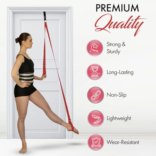 Stretching Strap With Door Anchor - Stretching Equipment to Improve Legs Flexibility - Splits Trainer For Home Ideal In Ballet, Dance, Cheerleading, Taekwondo, Yoga, Pole Dancing & Gymnastics - color: Red