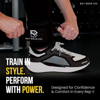 Bay Gear Co. Ankle Straps – Strong Hook and Loop System & Neoprene Padded for Cable Machine Glute Workouts, Slick Black Stainless Steel D Ring, Adjustable Fit, Different Design, Single/Pair.