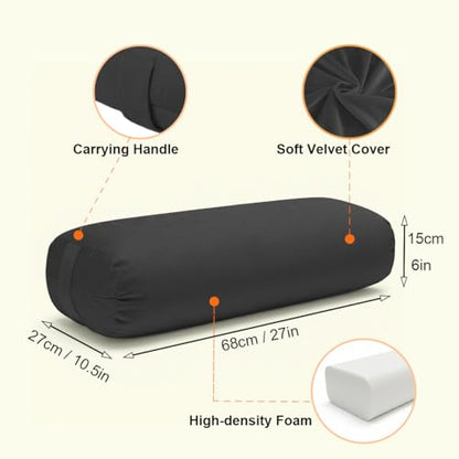 Yoga Bolster Pillow for Restorative & Yin Yoga - Meditation Pillow with Velvet Cover - Rectangular - color: Black