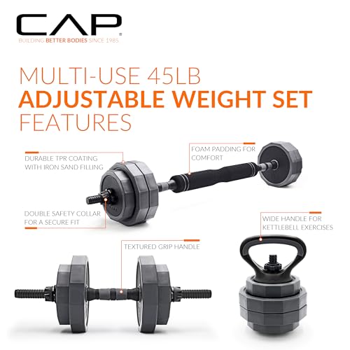 CAP Barbell Multi-Use Adjustable Weight Set - Versatile Dumbbell, Barbell & Kettlebell for Full-Body Workouts | 45lb and 66lb options - size: 45 lb Set
