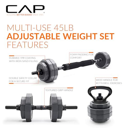 CAP Barbell Multi-Use Adjustable Weight Set - Versatile Dumbbell, Barbell & Kettlebell for Full-Body Workouts | 45lb and 66lb options - size: 45 lb Set
