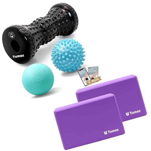 Massage Ball & Foot Roller 3-in-1 Set with Spiky Ball, Lacrosse Ball, and Non-Slip Yoga Blocks 2-Pack - High Density/Lightweight EVA Foam & Natural Cork for Stability, Premium Set with E-Book