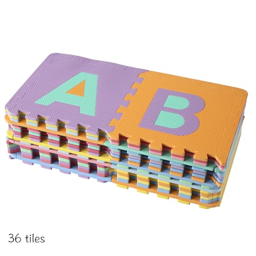 Easy Playhouse Soft Foam Floor Puzzle Tiles for Children, Non-Toxic EVA 36 Interlocking Foam Tiles with 24 Borders for Playroom, Nursery or Gym, Numbers and Letters