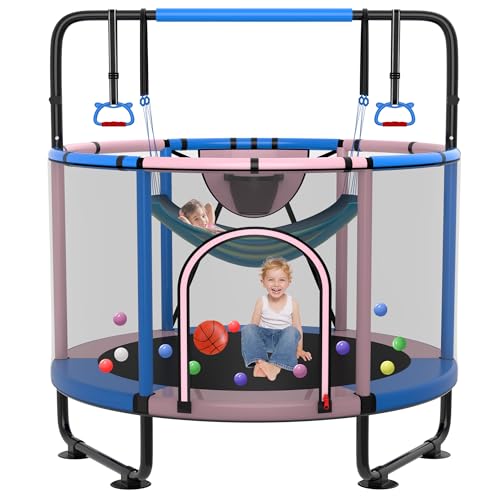 SKYUP 54"/60''/66" Mini Trampoline for Kids Ages 3+, 400LBS No-Gap Toddler Trampoline with Net, Swing, Adjustable Gymnastics Bars, Basketball Hoop, Indoor/Outdoor Trampoline, Boys & Girls Gifts Toys - color: Pink, size: 5FT