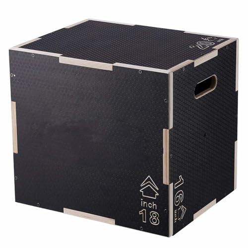 Plyometric Jump Box, 20/18/16 Inch Wooden Plyo Box - 3-in-1 Fitness Step Platform for Strength Training, Agility & Conditioning - Home Gym Equipment, Black