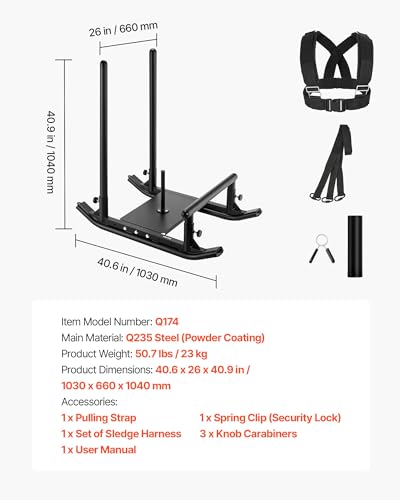 VEVOR Football Sleds and Chutes, Weight Sled, Football Training Pull Push Running Sled, Fitness Workout Sled Push Gym Equipment, Adjustable Height Handle, Compatible 1/2 in Weight Plates
