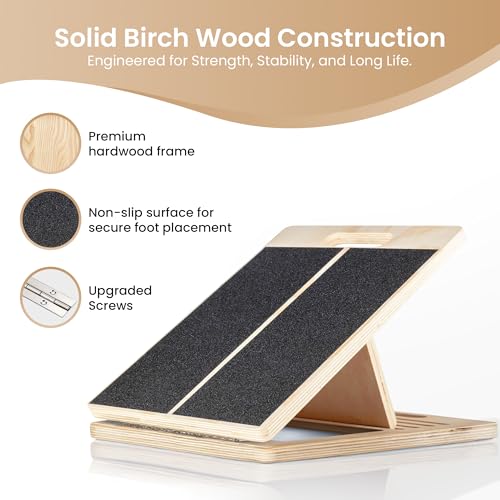 Portable Wooden Slant Board for Calf Stretching, 300Lbs Slant Board for Calf Stretching with Loop Band & 2 Sand Papers, Adjustable Wooden Incline Board, Squats Calf Stretcher for Knees Heel Feet Leg