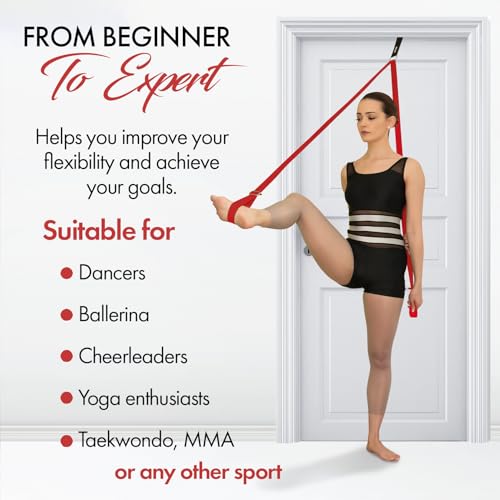 Stretching Strap With Door Anchor - Stretching Equipment to Improve Legs Flexibility - Splits Trainer For Home Ideal In Ballet, Dance, Cheerleading, Taekwondo, Yoga, Pole Dancing & Gymnastics - color: Red