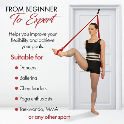 Stretching Strap With Door Anchor - Stretching Equipment to Improve Legs Flexibility - Splits Trainer For Home Ideal In Ballet, Dance, Cheerleading, Taekwondo, Yoga, Pole Dancing & Gymnastics - color: Red