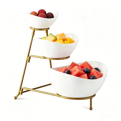 3 Tiered Oval Serving Bowl with Collapsible Metal Rack, Chip and Dip Serving Set, Dessert Appetizer Bowl Set (45oz / 17.5oz / 7oz), White Serving Bowls For Entertaining (Gold Stand)