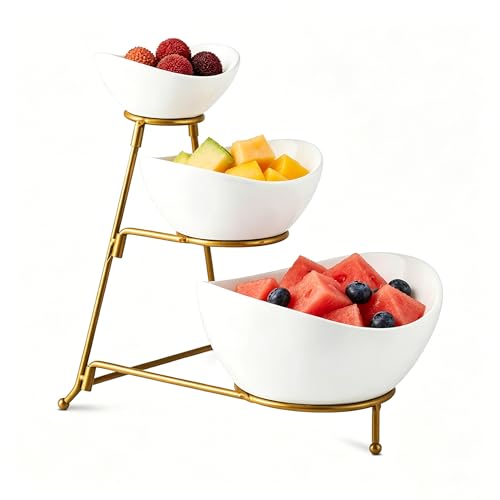 Gomakren 3 Tiered Oval Serving Bowl, Collapsible Chip and Dip Serving Set - color: Golden Stand
