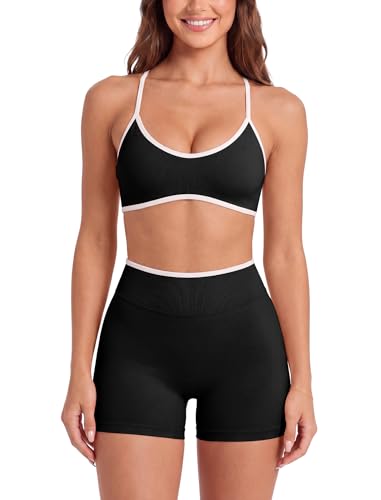 ABOCIW Womens Two Piece Workout Sets Color Block Sports Bra Seamless Hidden Scrunc Butt Lifting Biker Shorts Gym Set