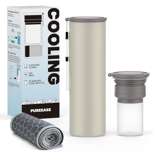 COOLING STATION 3-in-1 Portable Kit: Insulated Stainless Steel Bottle with Reusable Ice Bag & Cooling Towel. Long-Lasting Cold Relief for Daily Commute, Gym, Sports & Outdoor Travel. (beige) - color: Beige