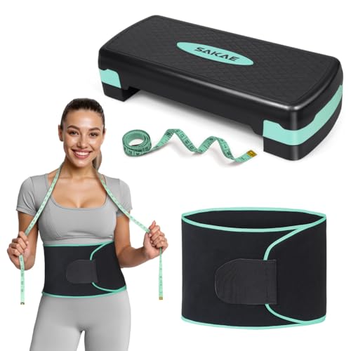 Adjustable Height Aerobic Stepper Set, Multiple Bundle Options with Dumbbells, Kettlebell, Waist Trimmer, Ankle Weights or Weighted Vest, Workout Exercise Step Platform w/Level Risers, 4 Colors - color: Green Black, size: b. W/ Waist Trimmer
