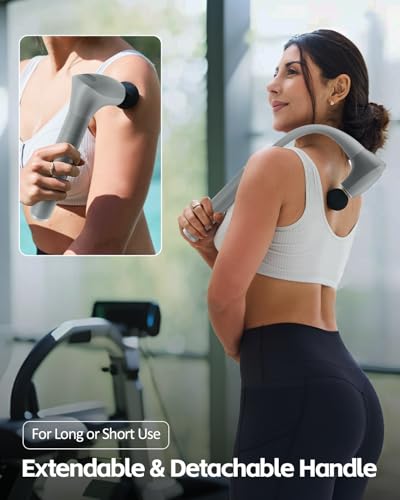 2-in-1 Detachable Massage Gun with Extension Handle, Back Massager for Pain Relief Deep Tissue, Handheld Muscle Massager for Neck Arm Shoulder Lower Back Thigh Waist,Gifts for Women Men,Grey