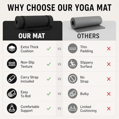 Non Slip Yoga Mat, Extra Thick TPE Exercise Mats for Home Workout with Carrying Strap, Durable Anti-Tear Fitness Mat for Pilates Stretching Gym - color: Black