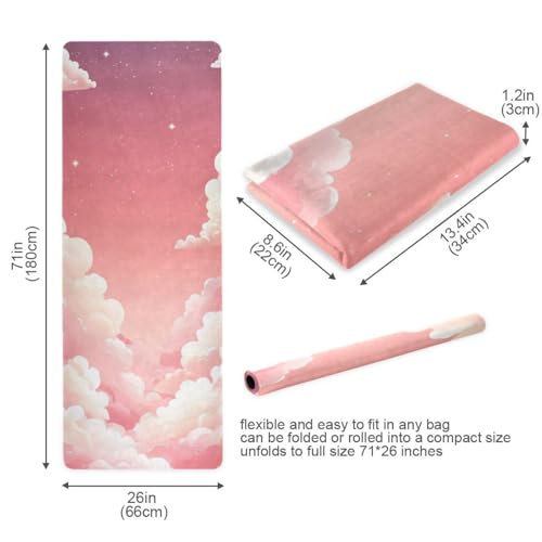 Kigai Travel Yoga Mat 71" x 24" Non Slip Natural Rubber Foldable Exercise Mat Ultra Thin 1.5mm Lightweight for Fitness, Pilates & Home Workout, Pink Clouds