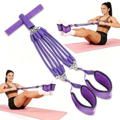 Pedal Resistance Band with Handle - 8-Tube Adjustable (20-80LBS) for Full Body Workout, Home Gym, Yoga & Strength Training Non-Slip Grips & Foot Pedal (Purple)
