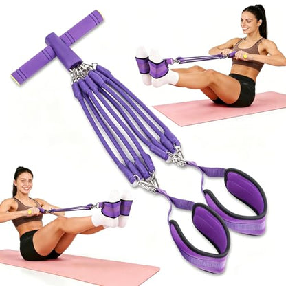Pedal Resistance Band with Handle - 8-Tube Adjustable (20-80LBS) for Full Body Workout, Home Gym, Yoga & Strength Training Non-Slip Grips & Foot Pedal (Purple)