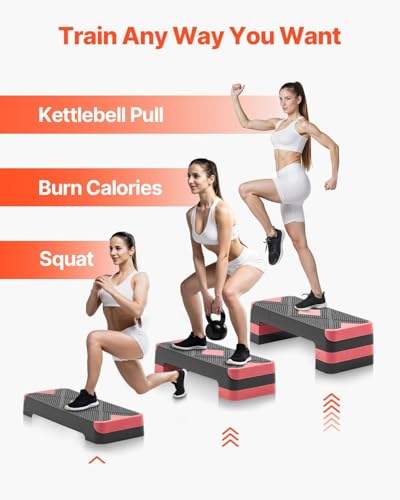 Aerobic Exercise Step Platform, 28-Inch Workout Aerobic Stepper, Height Adjustable Fitness Training Step Deck Trainer with 4 Risers, Non-Slip Surface Bench for Home Gym Cardio Strength, Red