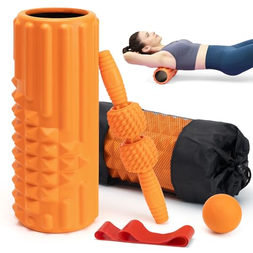 5 in 1 Foam Roller Set, High Density Fitness Exercise Foam Roller for Deep Tissue Muscle Massage, Massage Roller, Massage Ball, Resistance Band, for Whole Body(Orange)