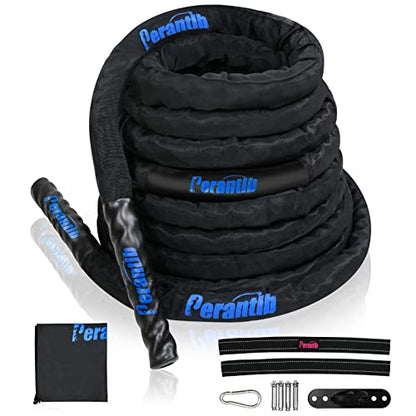 Battle Rope With Wear-Resistant Nylon Protective Sleeve - Heavy Battle Rope for Strength Training, Home Fitness Exercise - Anchor Strap Kit Included