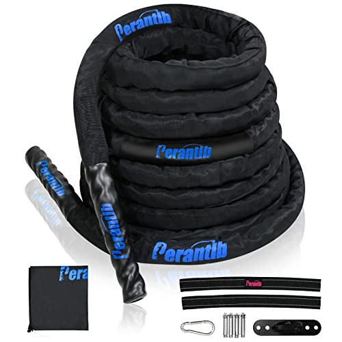 Battle Rope With Wear-Resistant Nylon Protective Sleeve - Heavy Battle Rope for Strength Training, Home Fitness Exercise - Anchor Strap Kit Included