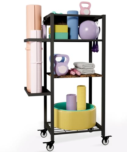 Yoga Mat Storage Rack with Wheels, 3 Tier Home Gym Workout Equipment Organizer for Dumbbells, Kettlebells, Foam Rollers - color: Black