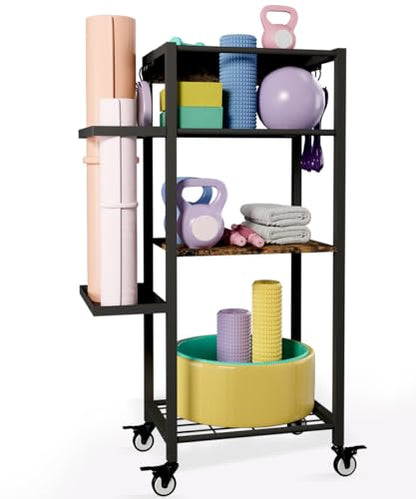 Yoga Mat Storage Rack with Wheels, 3 Tier Home Gym Workout Equipment Organizer for Dumbbells, Kettlebells, Foam Rollers
