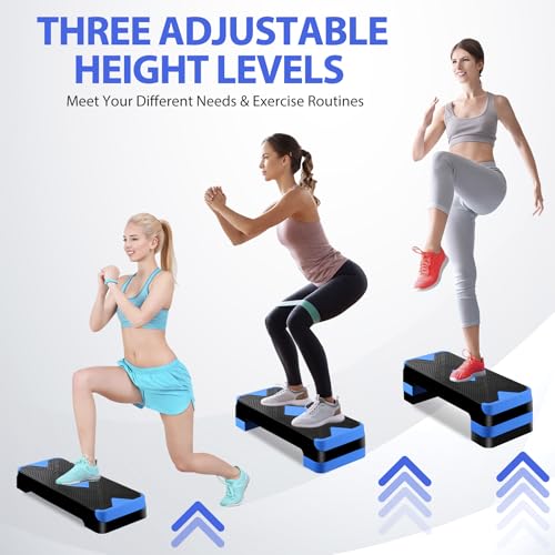 26.5" Height Adjustable Step Aerobic Platform with 4 Risers, Exercise Workout Stepper for Home Training, Gym Fitness, 4''- 6'' - 8'', 400 lbs Capacity - color: Blue