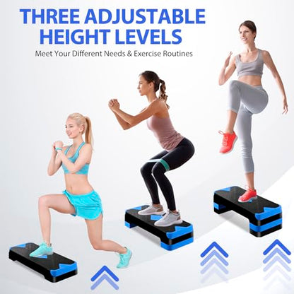 26.5" Height Adjustable Step Aerobic Platform with 4 Risers, Exercise Workout Stepper for Home Training, Gym Fitness, 4''- 6'' - 8'', 400 lbs Capacity - color: Blue