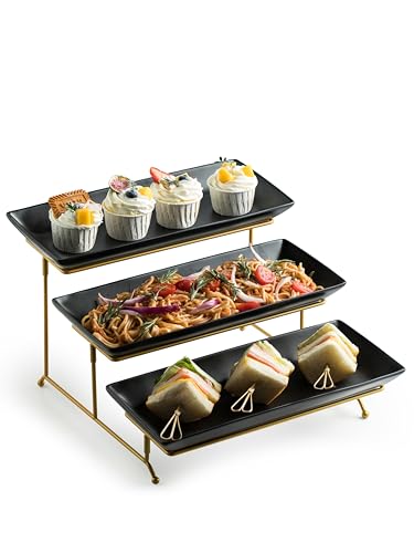 LYEOBOH 3 Tier Serving Tray, Porcelain Tiered Serving Stand with Platters - color: Black, style: 14inch Rectangle platter