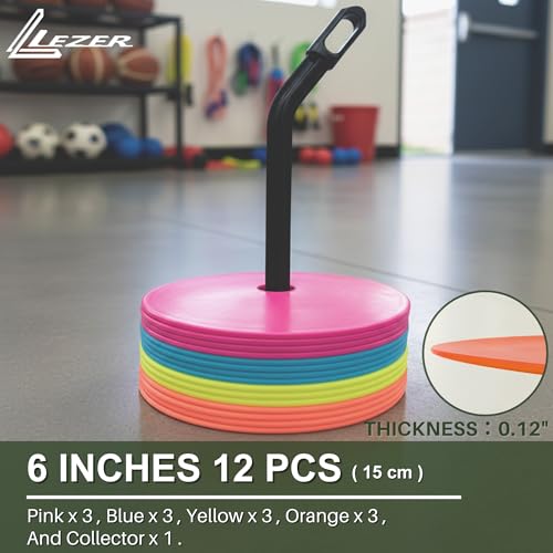 LEZER 6 Inch 8 Inch Flat Cones, Spot Markers, Soccer Cones, Field Court Markers, Sit Spots, Flat Discs, Soccer Training Equipment, Agility Practice, Football, Made in Taiwan - style: 6 inch with 12 pcs