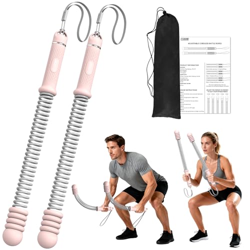 POWER GUIDANCE Adjustable Weighted Ropeless Battle Ropes with 4 Resistance Rings, Portable Cordless Battle Rope for Home Gym, Progressive Strength & Low-Impact HIIT Training for Men & Women，Pink - color: Pink